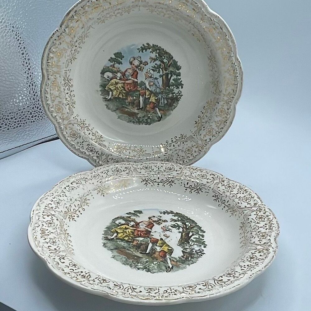Vintage Ohio China set of 2 bowls “ Colonial Courting Couple” 22K floral edge de